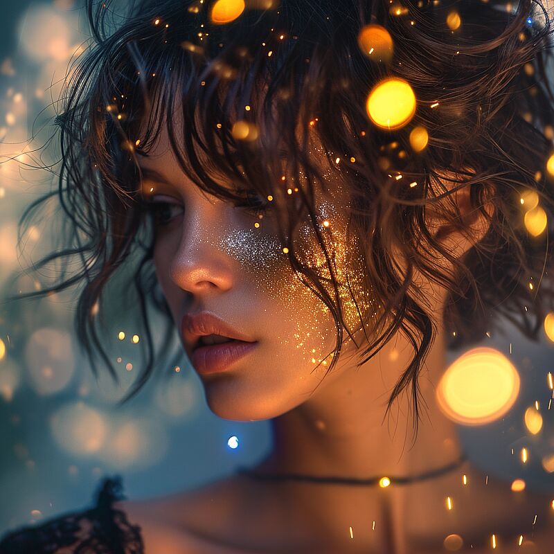 best quality, 4k, highres, masterpiece, ultra-detailed, realistic, girl with messy short hair, magic blue and gold lights around, small breast, (close up:1.5), beautiful figure, bright sun colors, shallow depth of field, soft atmospheric scenes, powerful portraits, perfect anatomy, best quality, highres, realistic photo, professional photography, cinematic angle, dynamic, light shining, cinematic lights, light fog around --v 6.0 --style raw