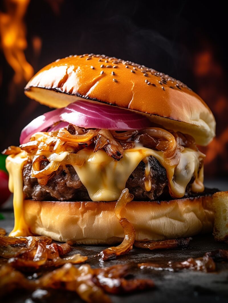 STYLE: Close-up Shot | GENRE: grilling | EMOTION: snacky I SCENE: Grilled Smash Burger with cheese, caramellised onions and mushroms | TAGS: Grilling photography, clean composition, dramatic lighting, bright | CAMERA: Nikon Z7 | FOCAL LENGTH: 105mm | SHOT TYPE: Close-up | COMPOSITION: Centered | LIGHTING: Soft directional light | PRODUCTION: Food Stylist | TIME: Evening I LOCATION TYPE: Interior --ar 3:4