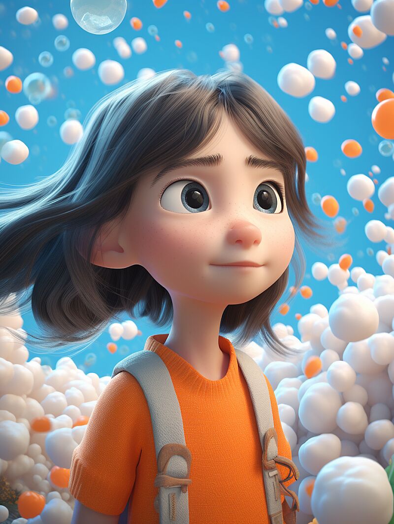 A cute little girl with long hair, felt material, casual wear, playful expression, creative image, light blue and orange colors, cloud background, many bubble decorations, sense of space, felt effect, movie lighting, 8K HD, super detail, CG rendering, Pixar aerial --ar 3:4 --version 5  --v 5