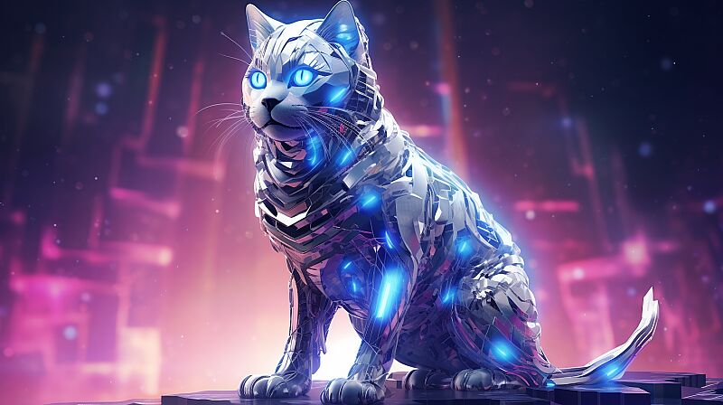 full body of cyborg cat in the style of holographic foil on a futuristic intricately technical background --ar 16:9 --v 5.2 --style raw