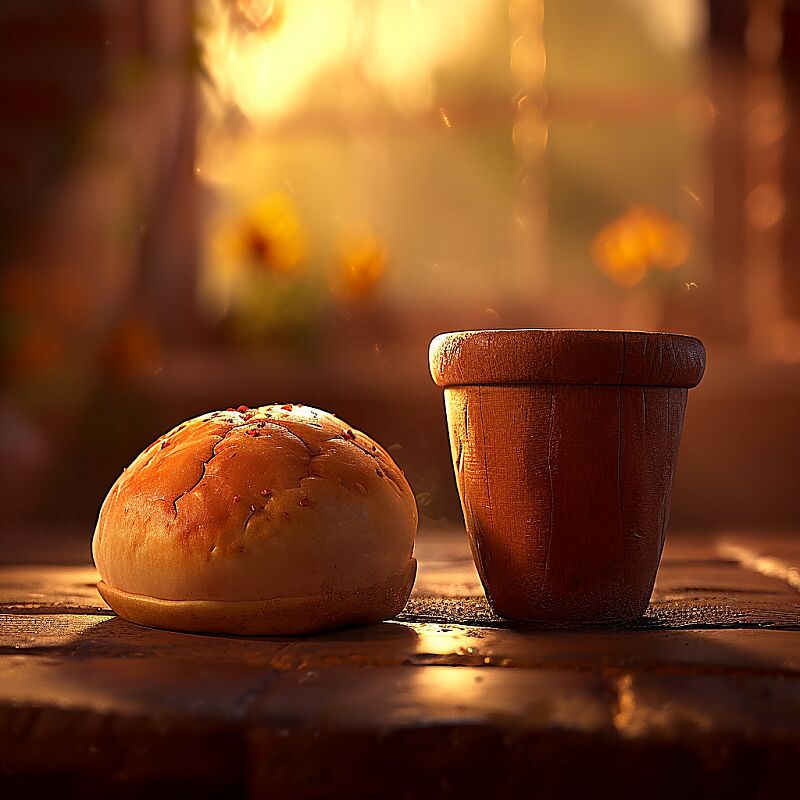 Holy Supper, ancient scene, image of a wooden Cup next to an Ancient Bread, from the time of Jesus, Christian Evangelical, frame on the table, the cup and the bread, glorious scene, warm lighting, perfect composition, beautiful detailed intricate insanely detailed octane render trending on artstation, 8 k artistic photography, photorealistic concept art, soft natural volumetric cinematic perfect light, chiaroscuro, award - winning photograph, masterpiece, oil on canvas, raphael, caravaggio, greg rutkowski, beeple, beksinski, giger --c 25 --v 6.0 --style raw