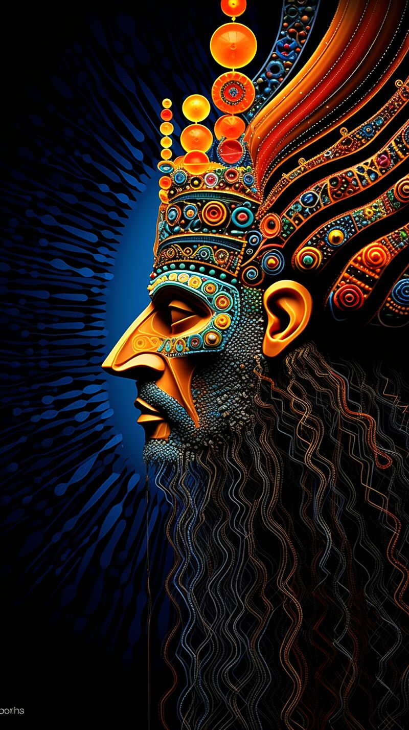 stunning side profile photo of a futuristic Babylonian king Nebuchadnezzar, on a dark background, vibrant large format film, Abstract Surreal Colorful Silhouette Art by Hundertwasser, James R. Eads and alex grey, fractal patterns, nautilus shapes, spirograph depth, embossed pointillism, arabesque art, textured depth --ar 9:16