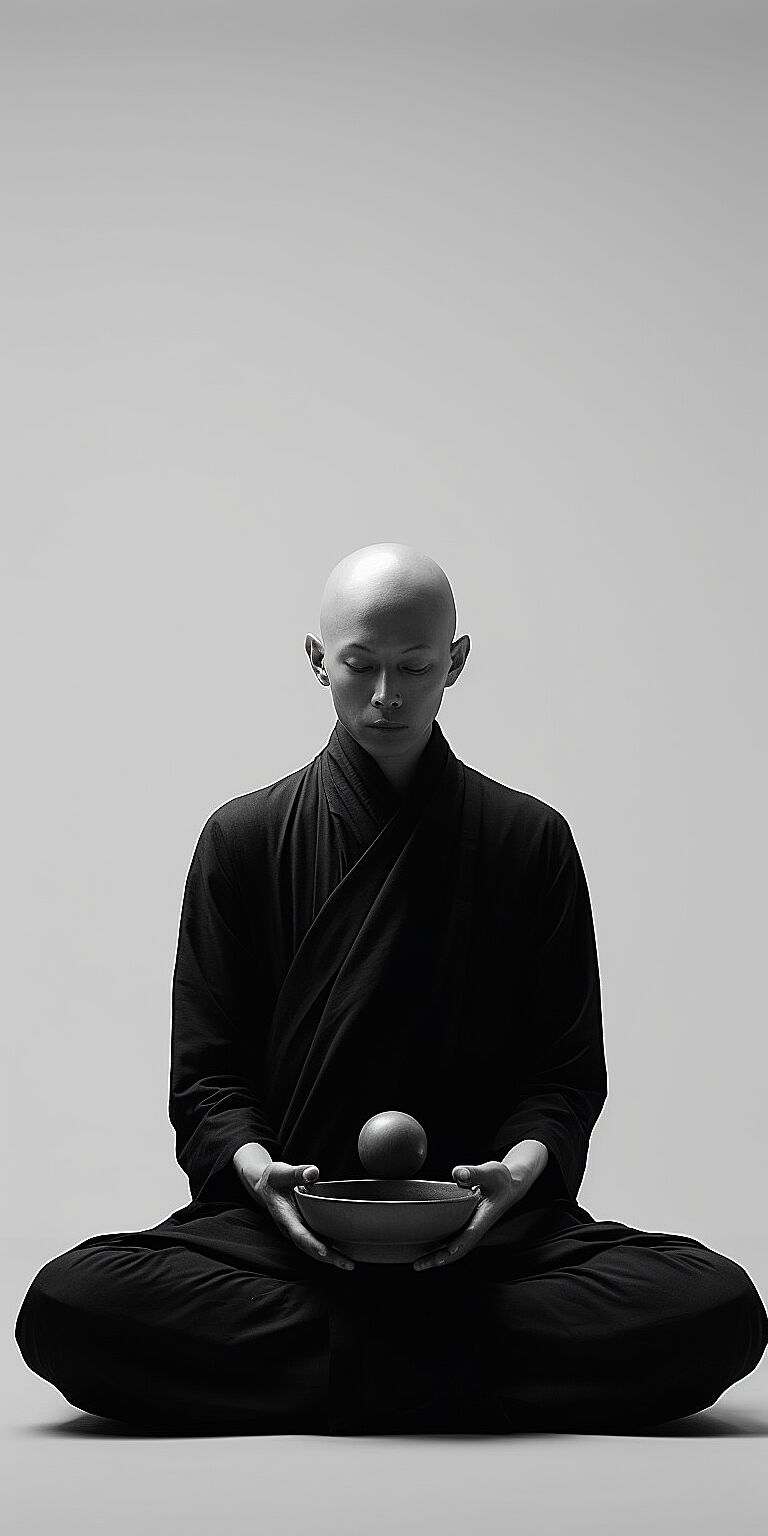 minimalist black and white photo of a monk sat crossed legged with a prayer bowl --ar 9:18 --v 5.1 --s 750 --q 2 0608060  --q 2