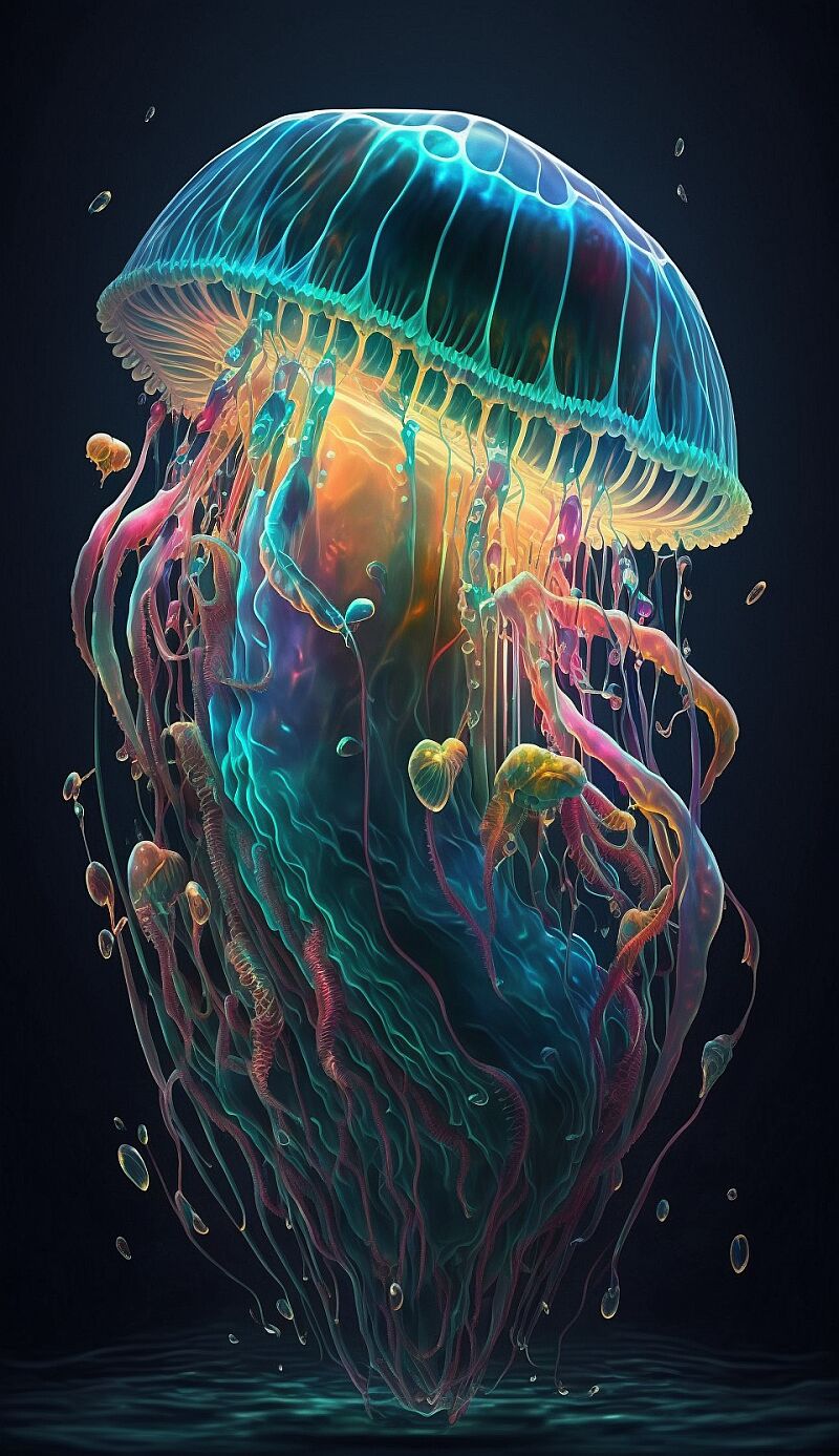 design of a beautiful made from  with a jellyfish bell , colorful, vibrant, under the sea, HD, 16k, --ar 9:16 --v 4  --s 750 --v 5.1 --q 2