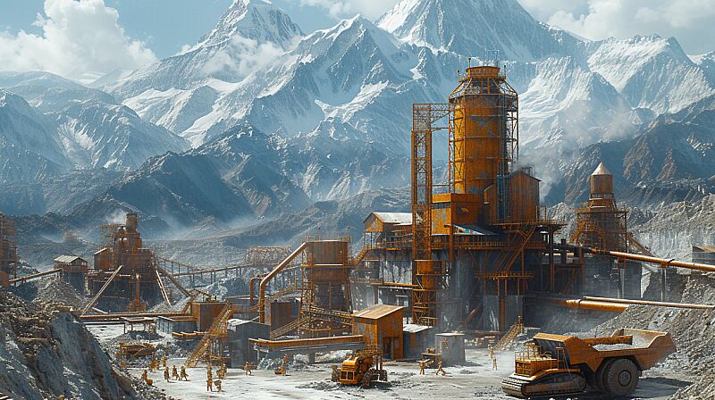 Visualize a captivating scene featuring a gold factory nestled within majestic mountains. Envision a landscape filled with gold mining machinery, each piece intricately designed, surrounded by workers diligently carrying newly extracted gold. Capture the dynamic synergy between man and machine against the backdrop of rugged mountains. Craft an image that highlights the grandeur of the gold industry, blending the industrial prowess of the factory with the natural beauty of the mountainous terrain. Emphasize the scale, efficiency, and the inherent beauty of the gold mining process within this compelling visual narrative --ar 16:9 --v 6.0 --s 750