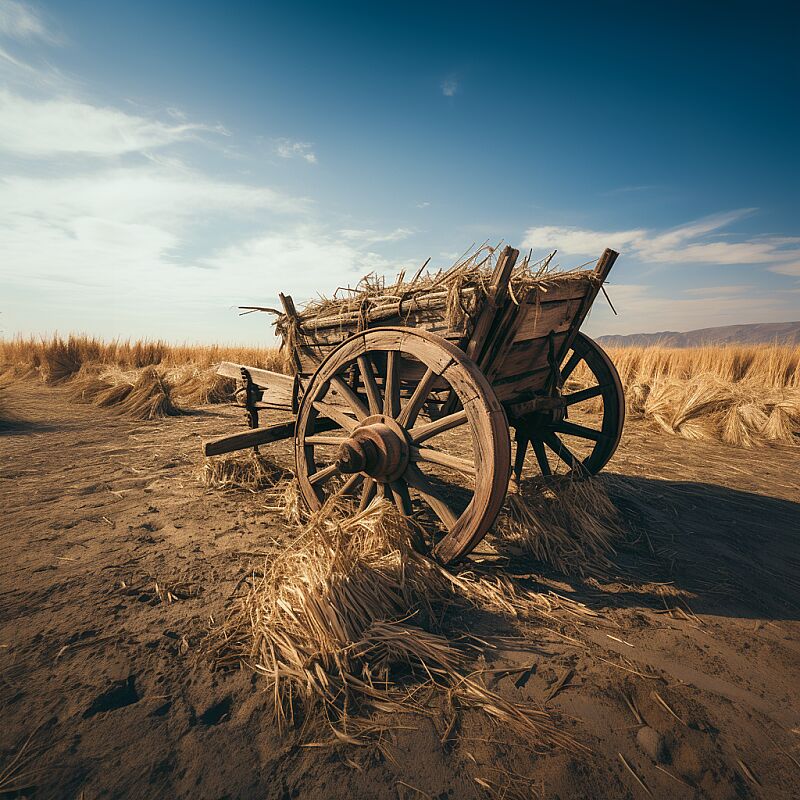 A small makeshift wooden cart, loaded with hay, sits nearby, its wheels caked in mud from recent rains, Professional photography,exquisite detail, colour grading, wide angle lense, hyper-detailed, beautifully colour graded, cinematic, Color Grading, 50