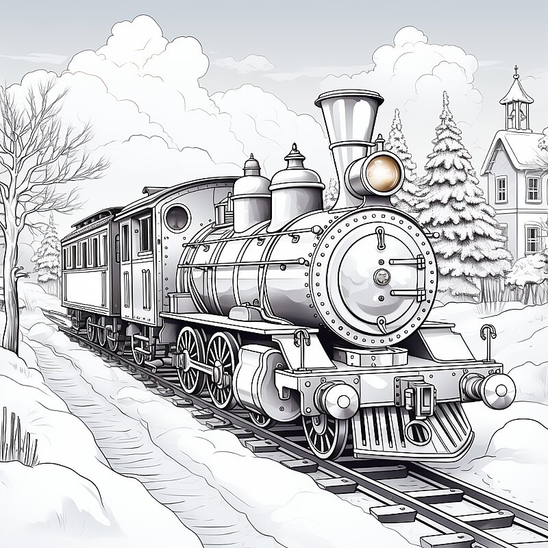 Children\'s colouring page, cute toy train, cartoon style, snow, Christmas decorations, thick lines, little detail, no shading. --s 750