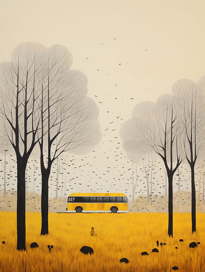 a painting of a yellow bus as it passes a forest, in the style of monochromatic minimalist portraits, life-like avian illustrations, gond art, flowing silhouettes, gray and brown, pastoral landscape, somber mood --ar 3:4