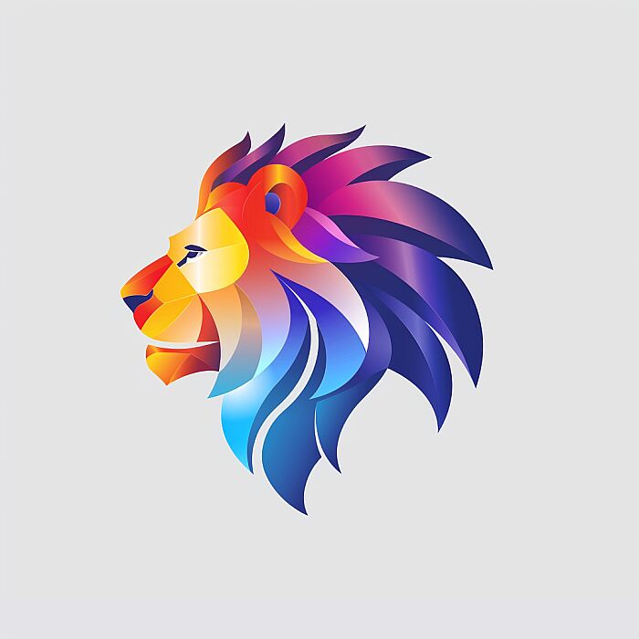 Create a [lion] logo with a modern and minimalist design. The logo should feature geometric shapes, with a gradient color palette. colorful. The shapes should be arranged to create a clean, abstract representation of the subject, conveying its essence rather than detailed realism. The design should be suitable for use as a corporate brand identity, evoking stability. The overall look should be sleek and scalable, able to maintain its impact when used in various sizes. Add symbolizing interconnectivity and complexity. The image should be isolated on a white background for versatility in usage --v 6.0