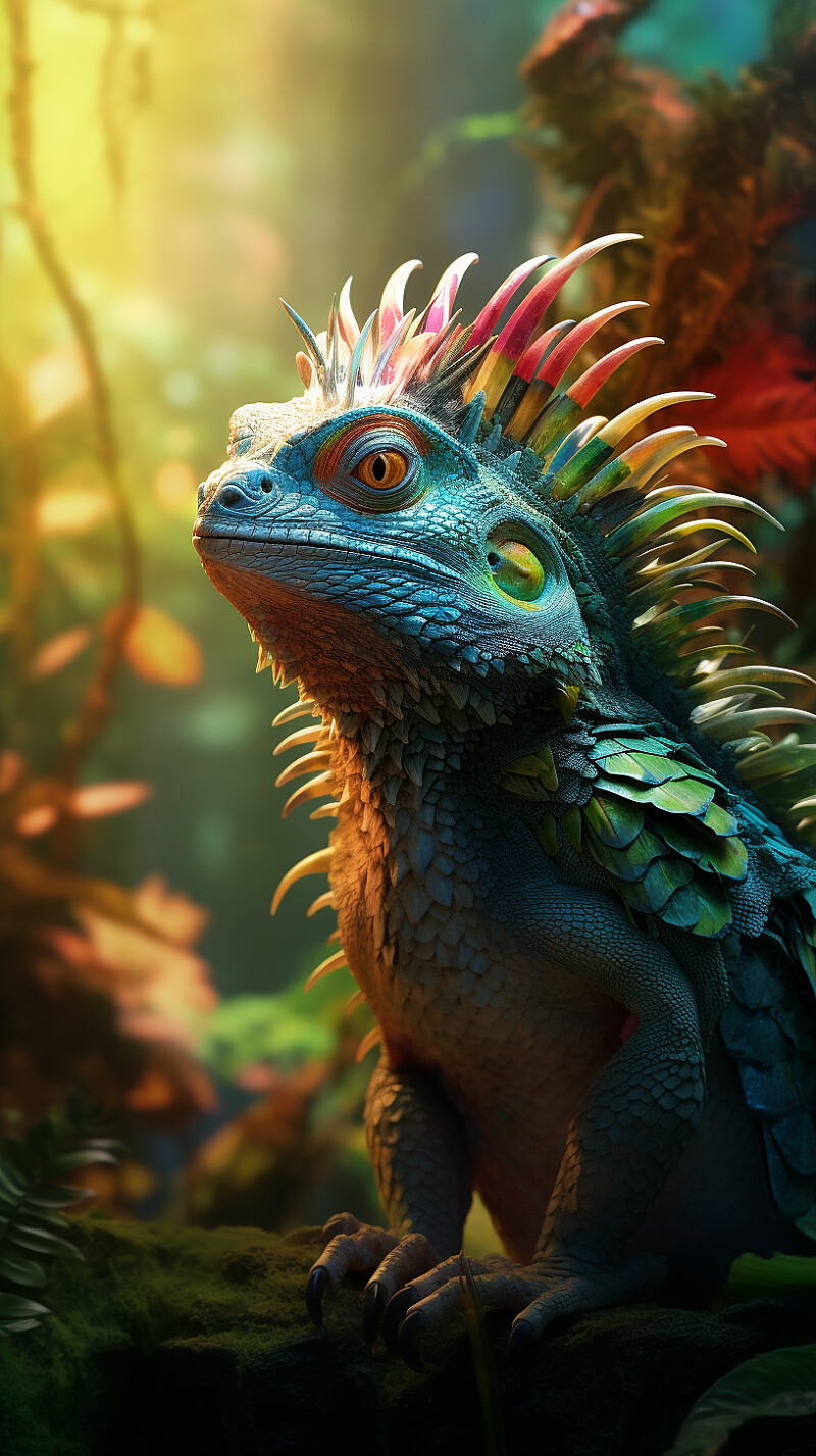 fantasy animal in the jungle, closeup, ultra detailed, fairy lighting, photorealistic, bright colors, volumetric rays of light, hdr. --ar 9:16