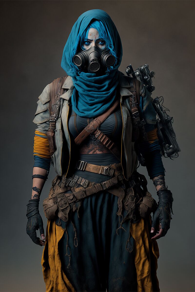 a woman with blue hair wearing a gasmask and a bandolier over a rugged brown leather duster, wasteland scavenger, piecemeal scrap armor, holding a rifle in both hands, dynamic pose, full body shot, ultrafine detail, hyperrealism --ar 2:3