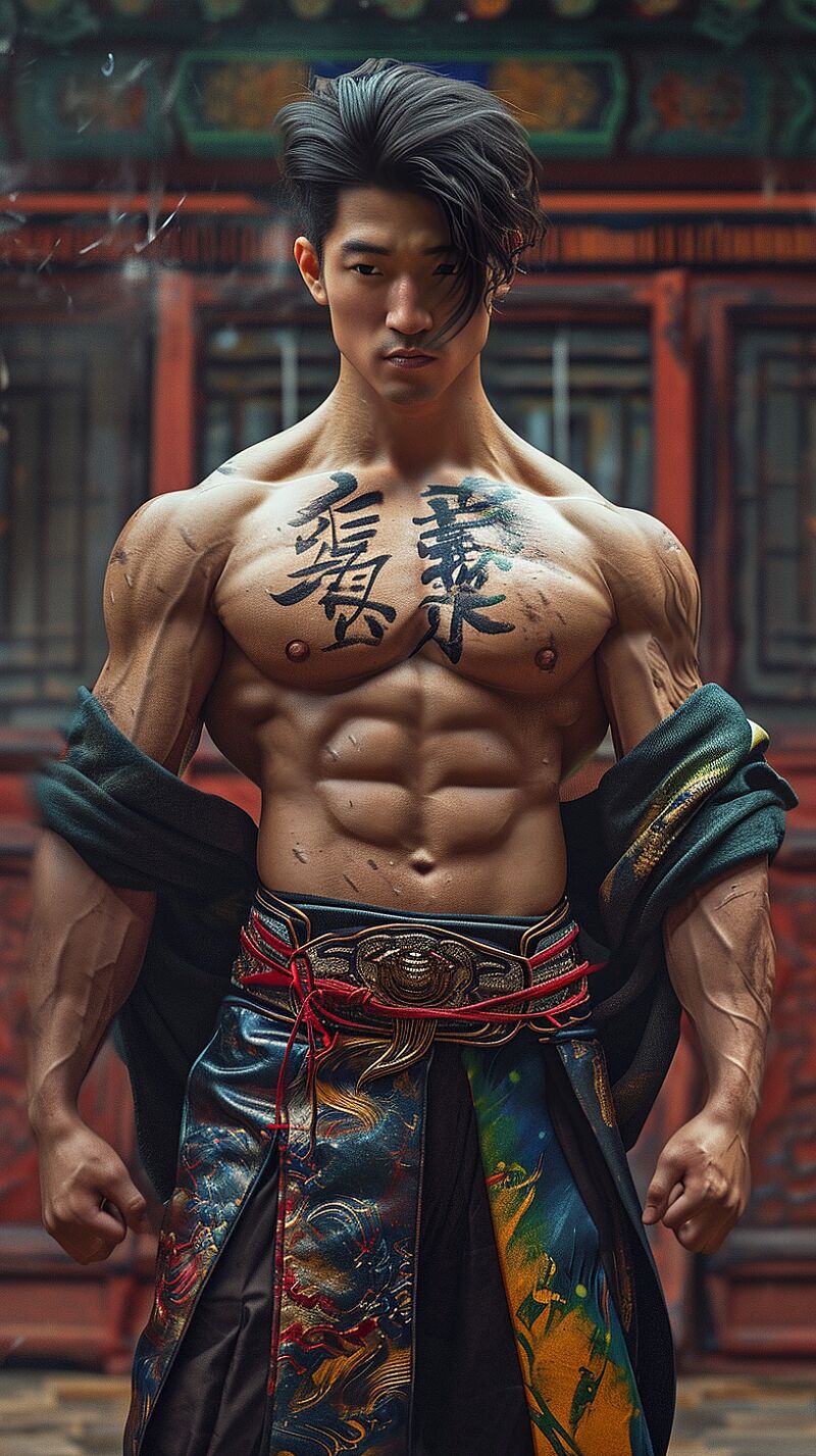 by , attractive young muscled man, chicanopunk, lovecore, hanfu, nopales, muscled pecs, ripped abs, sixpack abs, hair made from vibrantly colored contrail hairstyles, contrail hair, open chest designs, svelte muscular body , 3D, global illumination, digital painting, hasselblad medium format, natural light, --ar 1080:1920 --v 6.0 --style raw