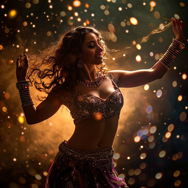 A very beautiful Arabic belly dancer, dancing, hdr, highly detailed against dark background, hyperrealistic, masterpiece, slim curvy body, realistic, seductive smile, bokeh, sexy pose, stunningly beautiful --v 6.0 --style raw