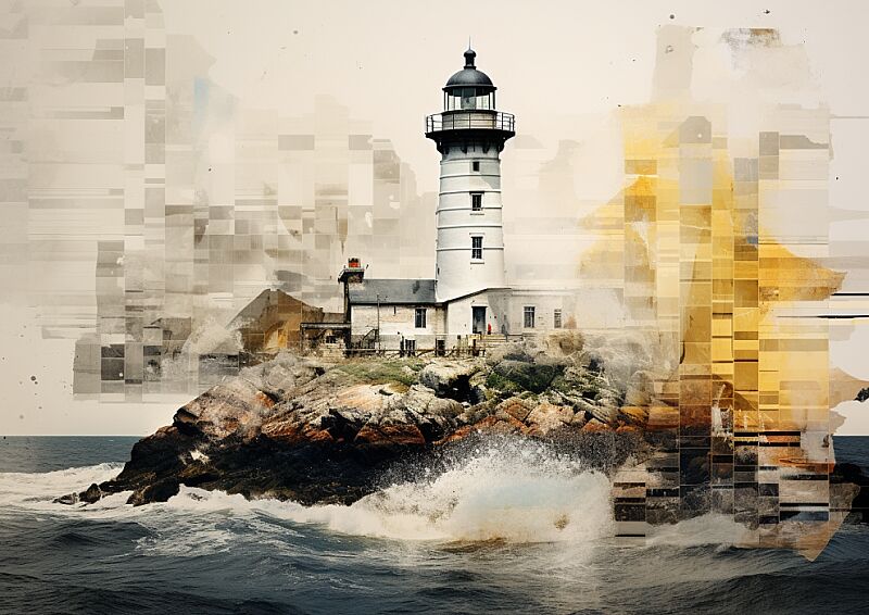 multiple exposures of lighthouse on a fragmented collage --ar 7:5 --style raw --v 5.2