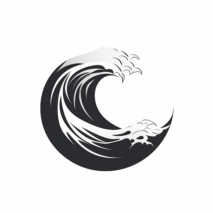 Create a stylized logo that represents [waves] with a distinctive Japanese aesthetic. The design should be minimalistic yet powerful, utilizing clean lines and curves reminiscent of Japanese brush art on white background. Use a monochromatic color palette with shades of black, white to evoke elegance and simplicity. The [waves] should be the focal point, depicted in an abstract or slightly abstract form that captures the essence of the subject with artistic flair. Background elements should be subtle and complement the [waves], such as minimalist representations of natural elements or traditional Japanese patterns. The overall look of the logo should convey a sense of balance and harmony, suitable for a modern brand that values sophistication and cultural inspiration --v 5.2