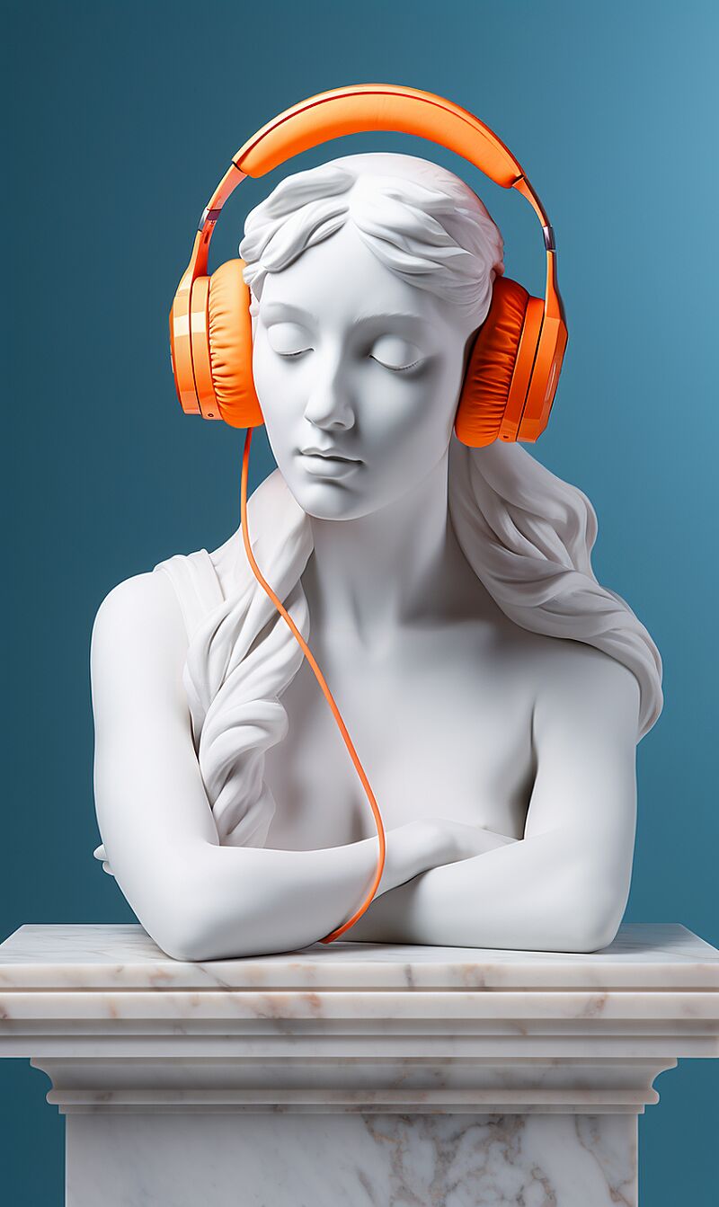 &lt;https://s.mj.run/2mJI5V5BLEE&gt; white female marbel full body statue, wearing vibrant headphones, orange --s 200 --style raw --ar 3:5