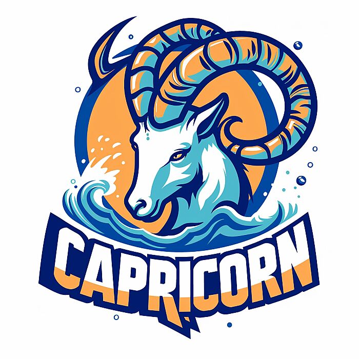 a 2D sports team vector logo with a sea goat and written "CAPRICORN"