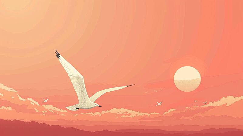 bird flying at sky, Flat Illustration, minimalistic, Low Saturation,Graphic Design, --ar 16:9 --style raw --v 6.0