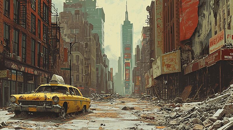 Graphic novel illustration, deserted New York city, dystopian, apocalyptic, --ar 16:9 --s 250 --v 6.0 --style raw