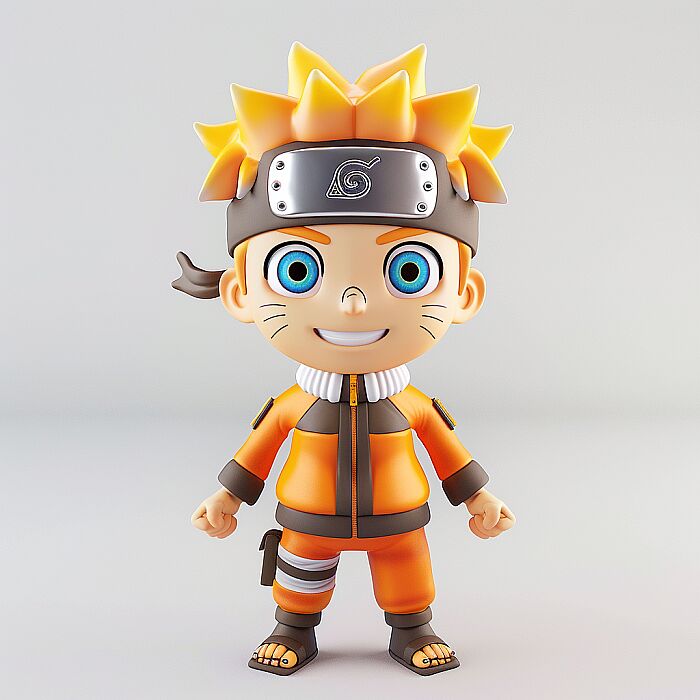 A cute chibi naruto toy made of plastic material, white background, C4D rendering, kawaii, cute expression design, bright colors, soft lighting effects, a 3D icon clay, blender --v 6.0