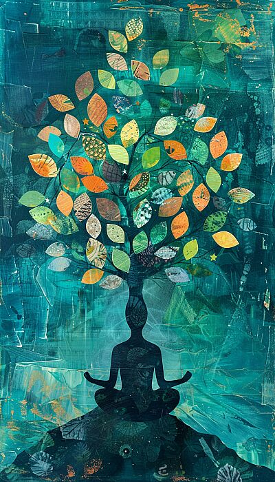 Capture the essence of self-discovery and mental well-being a person meditating, an abstract tree blossoming, each leaf embodying a mindful thought. Artistic visualization of mindfulness --ar 4:7 --v 6.0