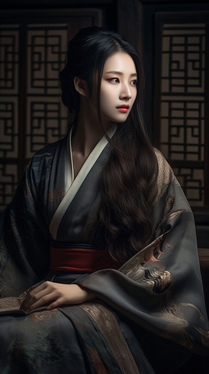 A beautiful Chinese woman sitting on a bench, googly-eyed, long black hair, wearing an ancient sophisticated style of clothing, dark gray and light brown, flowing fabric, cottage core, unified stage image, 64K UHD, hand-painted details --ar 9:16  --v 5