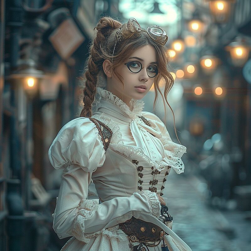 masterpiece, perfect anatomy, 32k UHD resolution, best quality, realistic photo, professional photography, highly details, vibrant, (beautiful woman:1.2), clean eyes, (Romantic Victorian ghost costume with flowing white fabrics and ethereal accessories), (steampunk cityscape, airships, clockwork elements, industrial magic, fantasy metropolis), cowboy shot, cinematic angle, dramatic lights, --v 6.0 --style raw