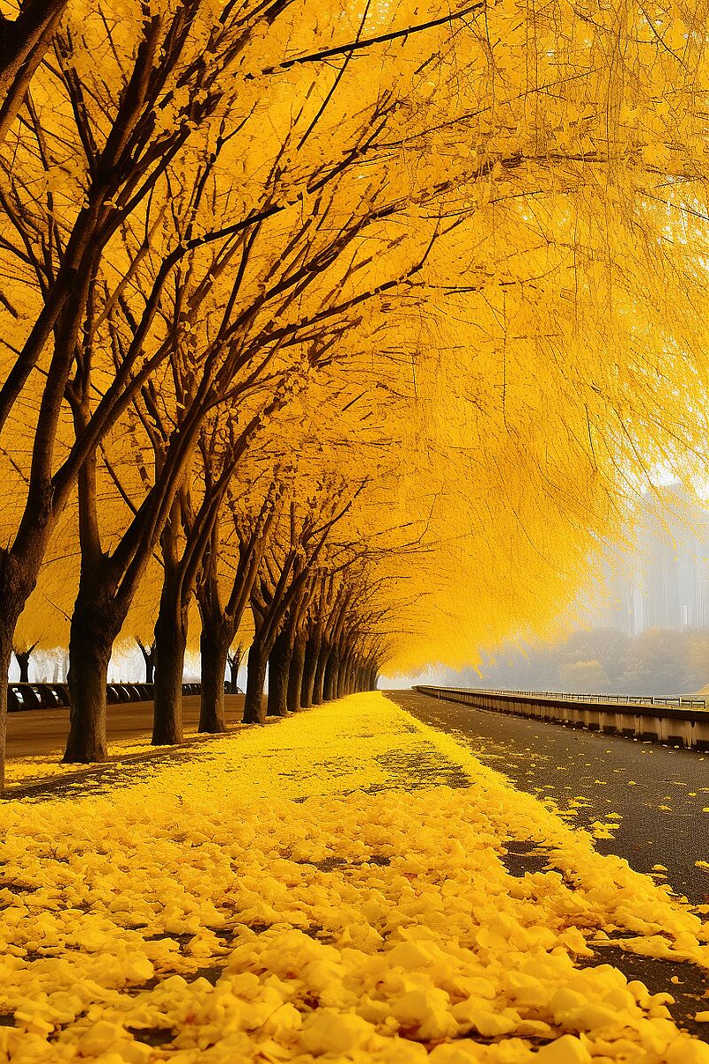 &lt;https://s.mj.run/3mHezHqECFM&gt; autumn gingko boulevard, ginkgo trees on both sides of the road, golden color, the ground is yellow ginkgo biloba, a mountain in the distance, with ginkgo biloba leaves on the ground, clear, ginkgo biloba real shooting, ultra-high resolution --ar 2:3 --v 5.2