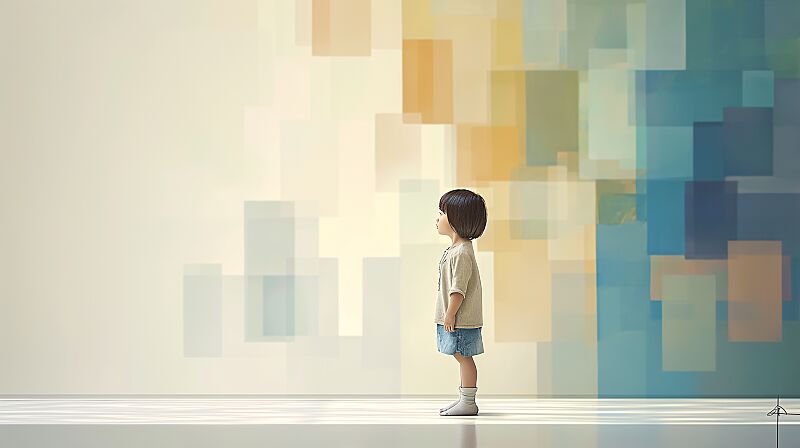 https://s.mj.run/FmDd_bpHQAI Create an image capturing the innocence of a young child in profile view, standing in front of a minimalist canvas. The canvas should be a collage of soft, harmonious rectangles and squares in a soothing palette of pastel blues, warm tans, and creamy whites. The composition should convey a tranquil and reflective atmosphere, with the child dressed in casual attire, deeply engaged in contemplating the abstract patterns. Emphasize a gentle and muted lighting that enhances the calming color scheme, evoking a serene sense of curiosity. --ar 16:9 --v 6.0 --style raw