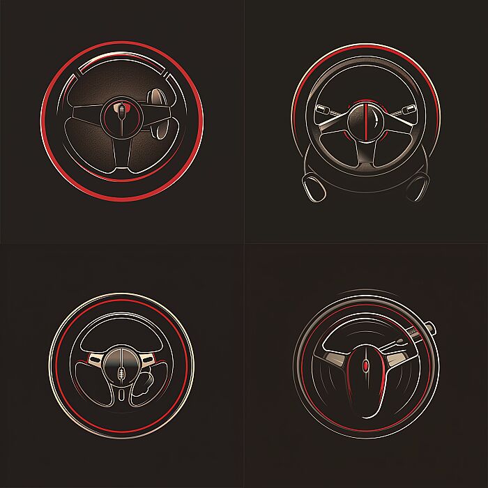 An emblem-style logo combining a classic steering wheel and a computer mouse, symbolizing the blend of automotive passion and e-commerce. The design should have a vintage feel with a modern twist, using black, silver, and hints of red for a sophisticated look.