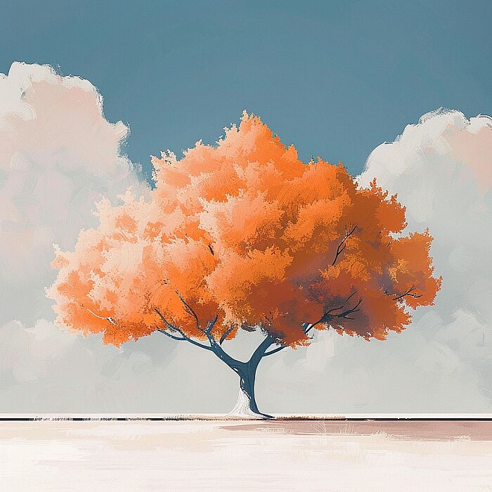 animation about a tree, in the style of dark white and orange, minimal design, realistic painted still lifes, cartoonish innocence, dark sky-blue and white --v 6.0