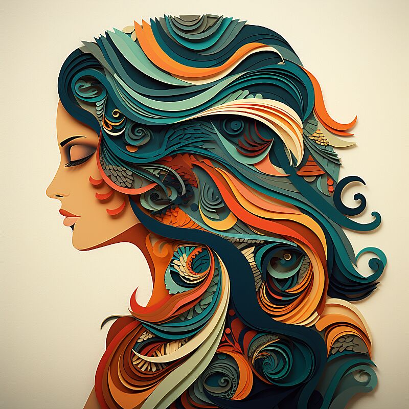 Create an image of a woman's profile with a highly stylized and artistic interpretation. Her hair and clothing should flow around her in smooth, wavelike patterns, featuring a harmonious blend of cool blues, greens, and warm orange tones. The texture of the patterns should be reminiscent of layered paper cut-outs, giving a sense of depth and intricacy. She should have an ethereal beauty, with delicate features, and be adorned with vibrant orange flowers that provide a striking contrast to the cool colors. The image should capture the graceful curves of her profile and the elegant movement of the stylized patterns, creating a serene and mesmerizing visual experience --v 5.2 --style raw