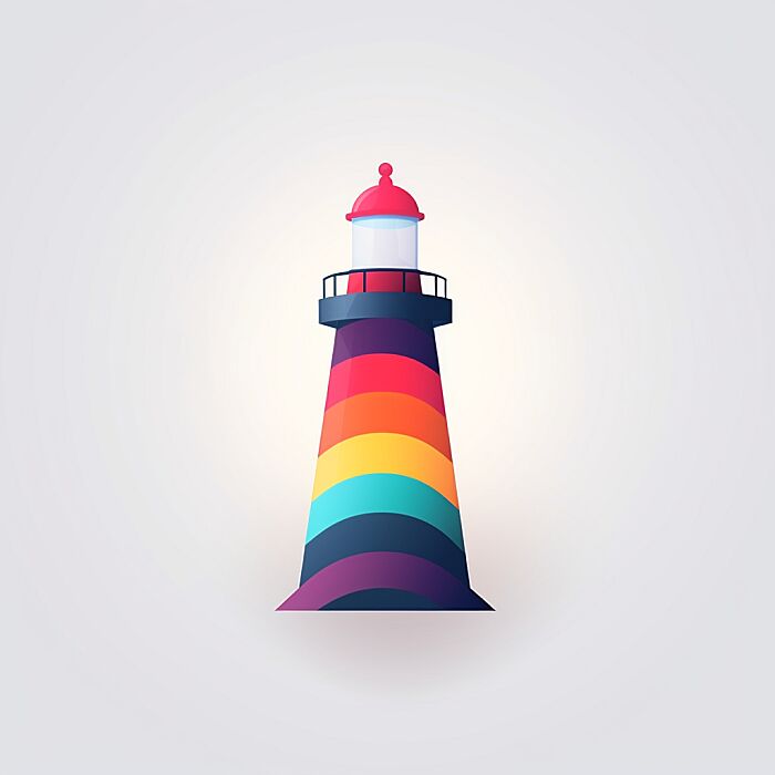 Create an 3D minimalist logo of a central [lighthouse] in a vibrant, stylized, and colorful design. The subject should be detailed and the central focus, with the rest of the image fading into a clean, white background. The style should be whimsical and modern, with a touch of playfulness and a flat design aesthetic. --v 5.2 --s 50 --style raw