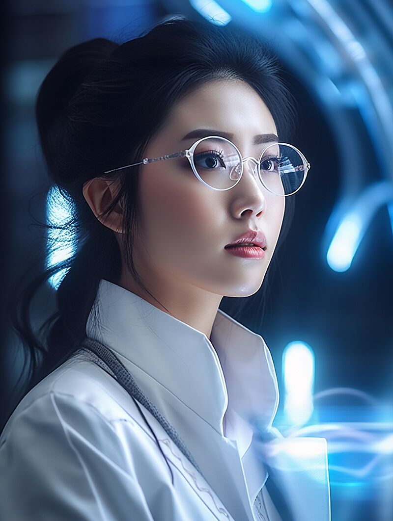 Young Chinese female scientist specializing in skin care, close up of her clearly defined side face, wearing glasses and a scientist\'s white robe, checking chemical instruments, with bright sci-fi cellular vision in the background, Premium feel, Studio light, Leica Lenses, Elegant, 8K, Masterpiece  --ar 3:4  --s 250 --q 2 --v 5.1