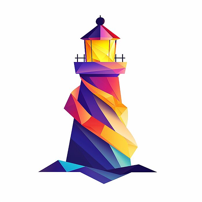 Create a 3D [lighthouse] logo with a modern and minimalist design. The logo should feature geometric shapes, with a gradient color palette. colorful. The shapes should be arranged to create a clean, abstract representation of the subject, conveying its essence rather than detailed realism. The design should be suitable for use as a corporate brand identity, evoking stability. The overall look should be sleek and scalable, able to maintain its impact when used in various sizes. Add symbolizing interconnectivity and complexity. The image should be isolated on a white background for versatility in usage --v 6.0