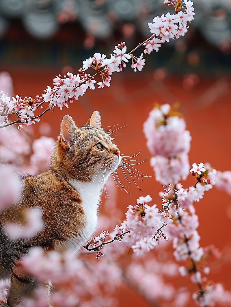 https://s.mj.run/CNmYb_dpjmc long shot, a cat sitting on tree branch with blooming cherry flowers very far away::2 , full body, cat with a round and fat face and brown black fur, short hair, M-shaped pattern on forehead, super realistic, ultra detailed, UHD,16K,Fuji color superiaX-TRA 400, set against the backdrop of the Forbidden City::2 in China during winter, incorporating elements of Japanese photography and traditional Chinese architecture. The color scheme features white and maroon, iconic and nature-inspired. serene atmosphere of a Chinese winter, with historical and cultural nuances --ar 3:4 --s 750 --v 6.0 --style raw