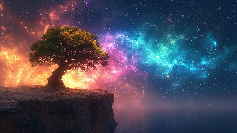 tree sitting on top of a cliff next to a lake, nebula aura surrounding subject, bali, glowing with colored light, sitting atop a dusty mountaintop, realistic sky, inspired by David Paton, associated press photography, in the center of the image, stargazer, --no people, animals --s 700 --ar 16:9 --v 6.0 --style raw