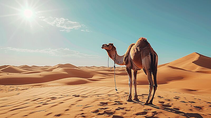 a photorealistic photo of a camel in the desert, bright hot sun, sand dunes in the distance --ar 16:9 --v 6.0 --style raw