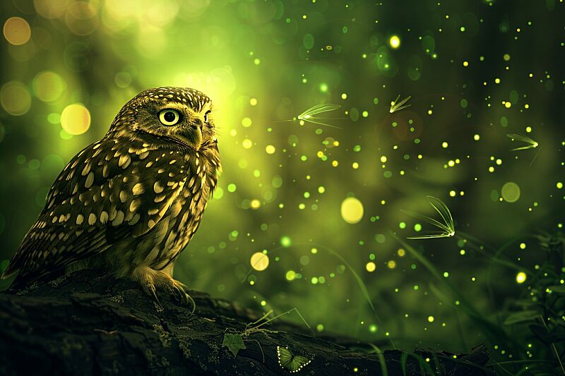 The silent owl in 'Luminescent Land', bathed in the soft, emerald warm glow of a million twinkling fireflies, floating gracefully in the air as if to accompany them through the magical twilight --ar 3:2 --style raw --v 6.0