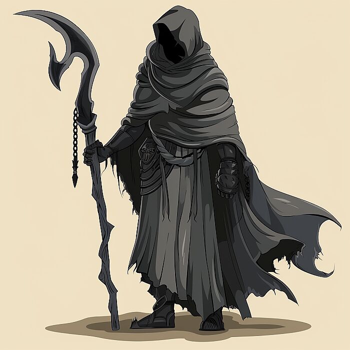 REAPER STANDING IN FRONT POSE, 2D, VECTOR, FULLBODY, CARTOONIC, VECTOR --v 6.0