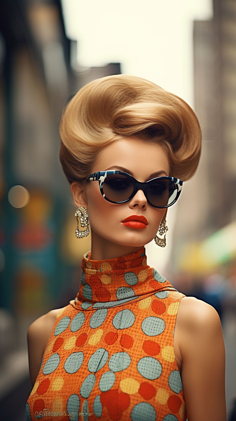 A vintage-style color photograph of a young woman in retro 1960s fashion. She wears a mod-inspired dress with bold geometric patterns and accessorizes with oversized sunglasses and a headscarf. Her hair is styled in a bouffant or beehive. The setting is a vibrant city street with vintage cars and storefronts, evoking the nostalgic atmosphere of the era. The photo captures the spirit of youthful energy and fashion-forward style. 60Retro69Punch75 --ar 9:16 --version 5.2