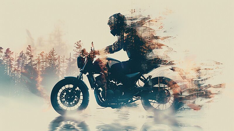 motor bike, benevolent, double exposure --ar 16:9 --v 6.0