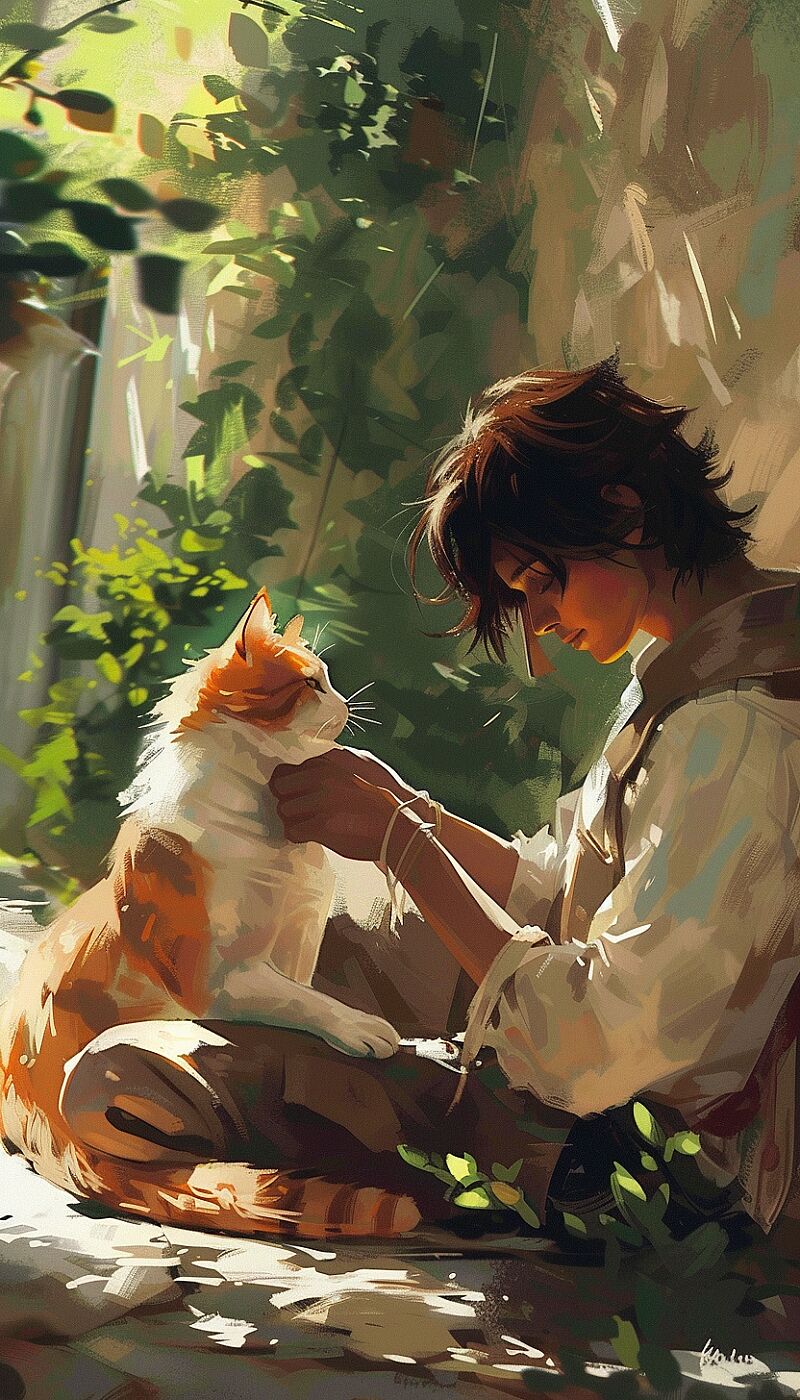 depiction of the beautiful interactions between the main character and the cat, highlighting their companionship and the sense of tranquility and contentment shared between them. --ar 4:7 --v 6.0