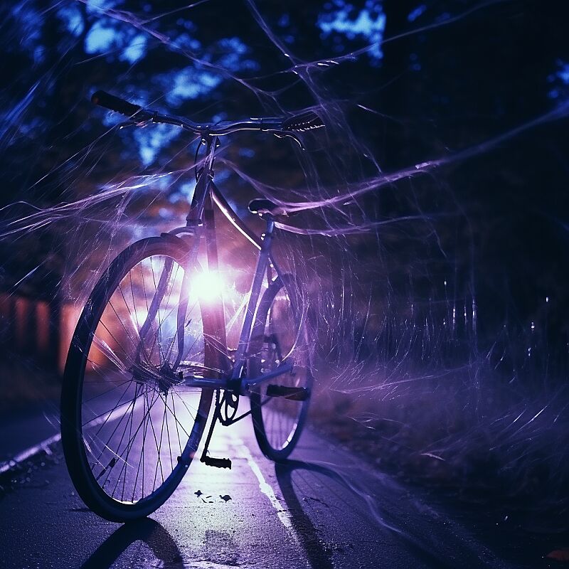 Bicycle at night with lines, in the style of distorted and fractured, anamorphic lens flare, intricate webs, ricoh gr iii, light purple and dark azure, abstraction-création, uhd image --v 5.2 --style raw