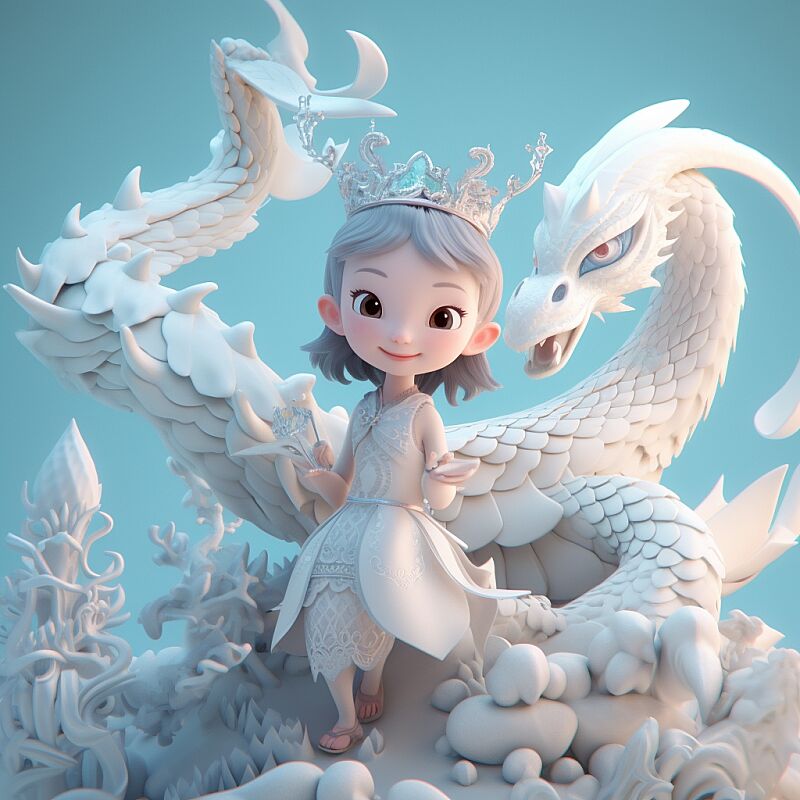 fairyland like scenery,personification a super cute white fairy chinese dragon,  girl, holding the jade ruyi, flies, wears an elegant cloak, a sweet smile, white fur, bright big eyes, and a fluffy tail, with clouds floating gently, extremely detailed 3d animation, super lifelike, super detailed, luxury, movie lighting, super clear details, super clear materials, closeup, complex textures, octane rendering, zbrush, 8k, vray super lifelike  --v 5