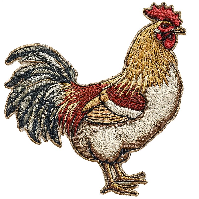 needlepoint embroidery iron on patch of a chicken, isolated on white, defined border --s 50 --v 6.0 --style raw