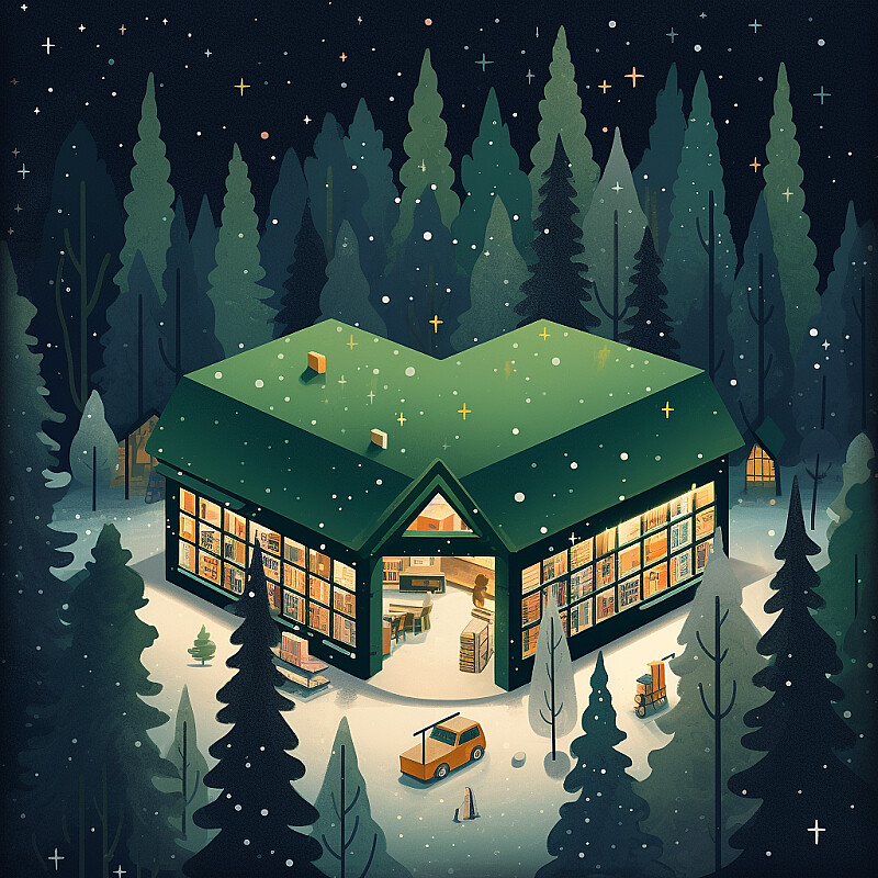 a Bookstore in a winter forest background night with a star in it, in the style of john holcroft, playful character design, martiros saryan, xmaspunk, yellow and green, aerial photography, dan matutina