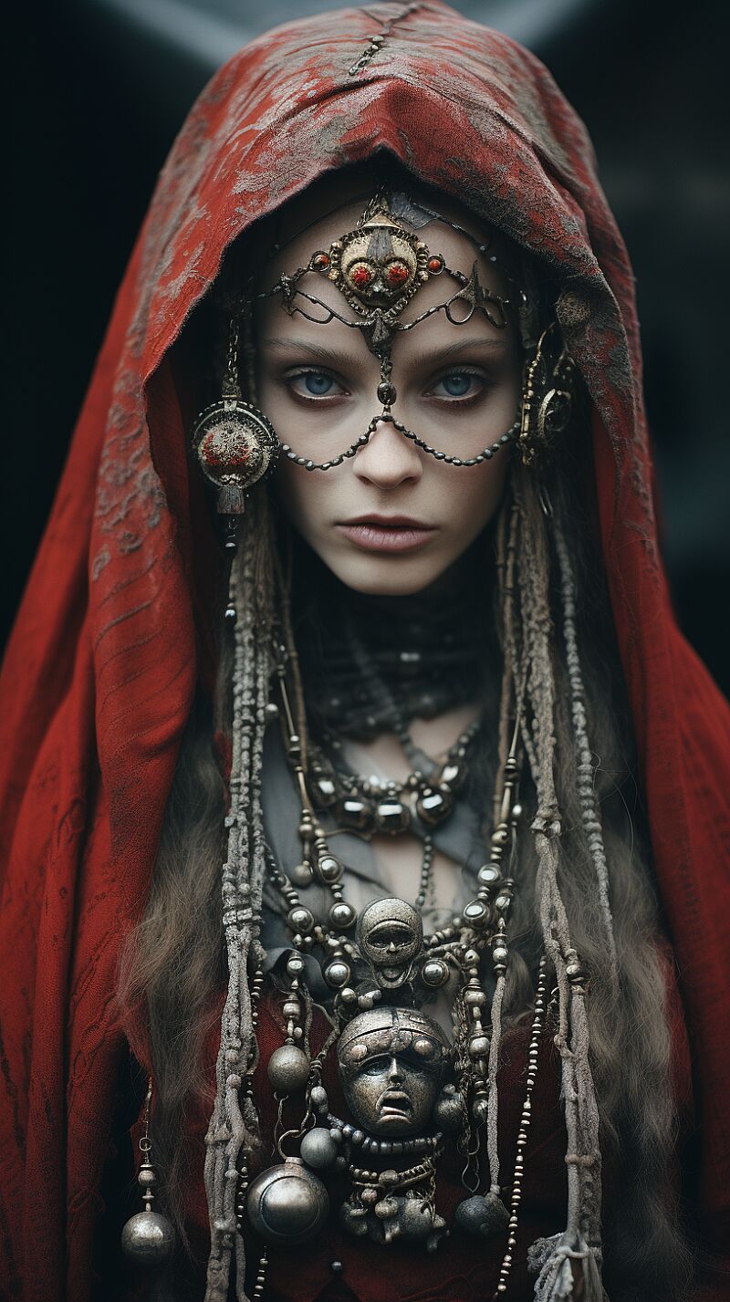 beautiful baba yaga woman, portrait from the waist up, exquisite jewelry, intricate details, influence of pictorialism, kodak ektar 100, canon 5d mark IV, mottled red and gray tone --ar 9:16 --s 250 --v 5.2 --style raw