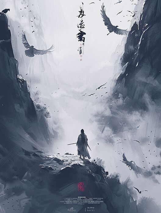 the movie poster has an asian character standing in the sky, in the style of calligraphy-inspired, dreamlike illustration, dark gray, dreamlike naturaleza, witchy academia, traditional animation, birds-eye-view --ar 3:4 --v 6.0