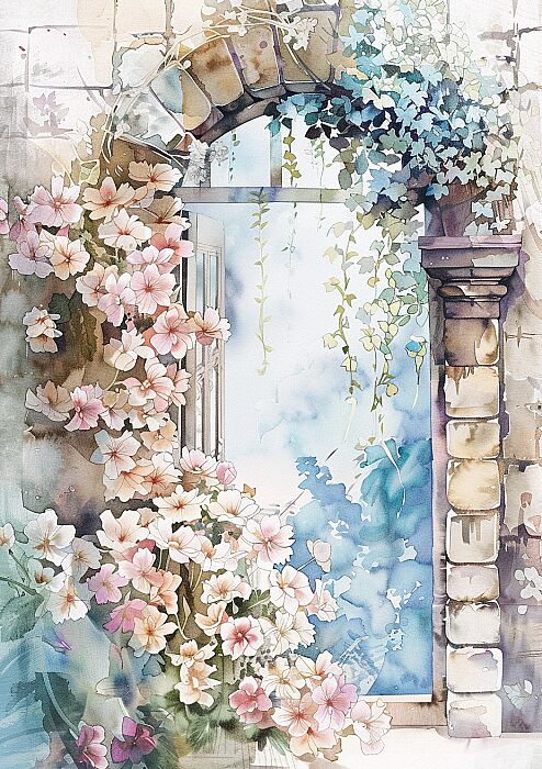 watercolor art of a gate, cover with white, pink and light blue flowers, free space for texts https://s.mj.run/nzOdyV6X1EA --ar 5:7